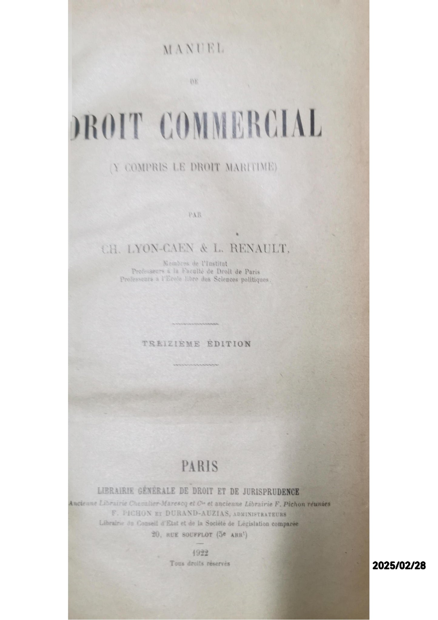 MANUEL DE DROIT COMMERCIAL. LYON-CAEN. (Ch.) e L. Renault. Condition: Good Hardcover