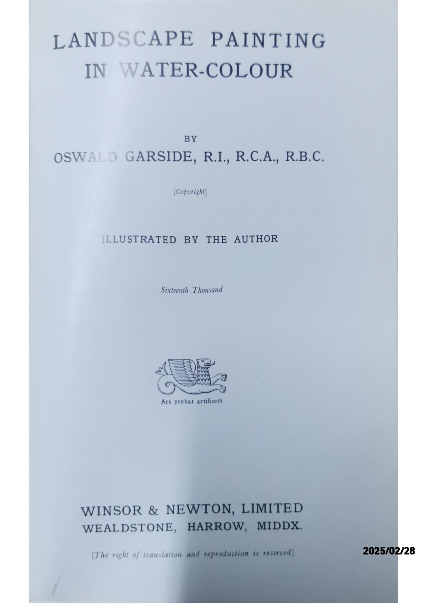 Landscape Painting in Water - Colour. Garside Oswald Published by Winsor & Newton Ltd. Used Condition: Good Hardcover