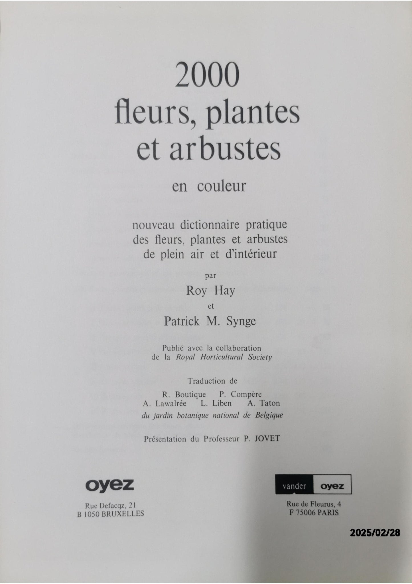 2000 FLEURS PLANTES ET ARBUSTES EN COULEUR Relié – 1 janvier 1971 Édition en Anglais  de HAY ROY / M.SINGE PATRICK (Auteur)