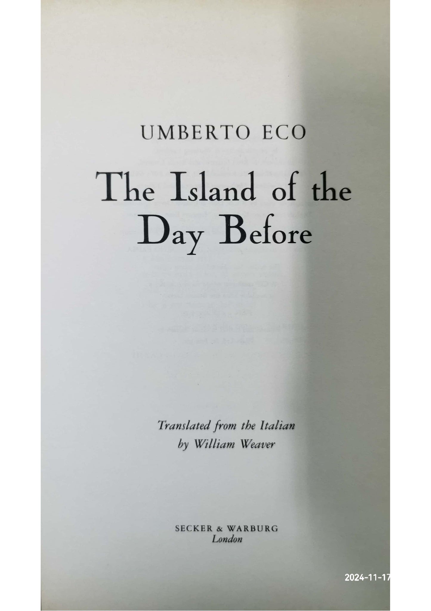 The Island of the Day Before Novel by Umberto Eco