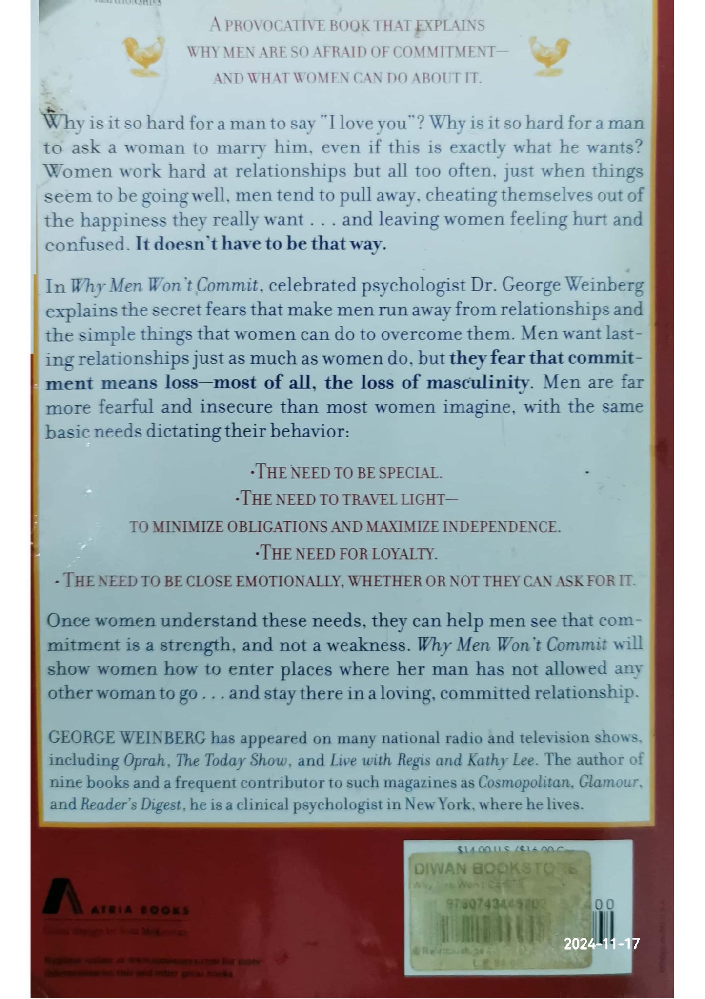 Why Men Won't Commit: Getting What You Both Want Without Playing Games Book by George Weinberg