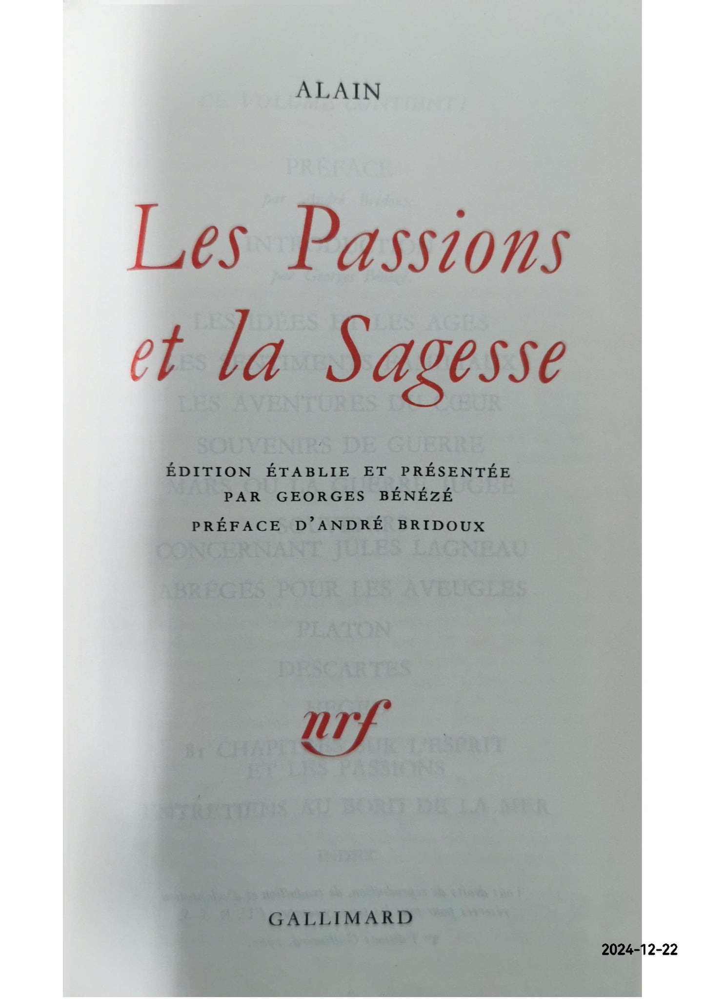 Les Passions et la Sagesse Relié – 26 janvier 1960 de Alain (Auteur), André Bridoux (Préface), Georges Bénézé (Sous la direction de)