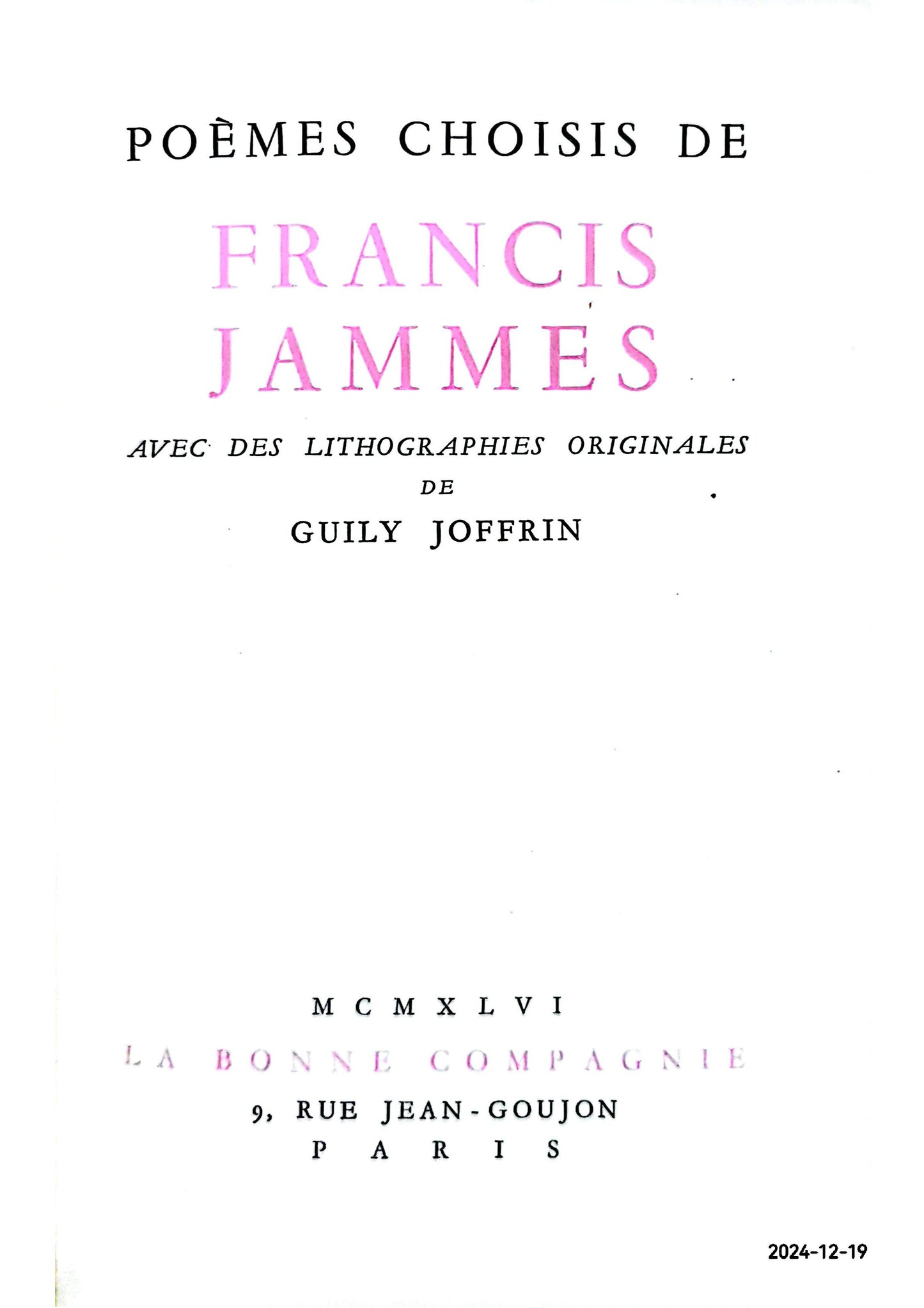 Poèmes choisis de Francis Jammes. JAMMES, Francis ; (JOFFRIN, Guily)