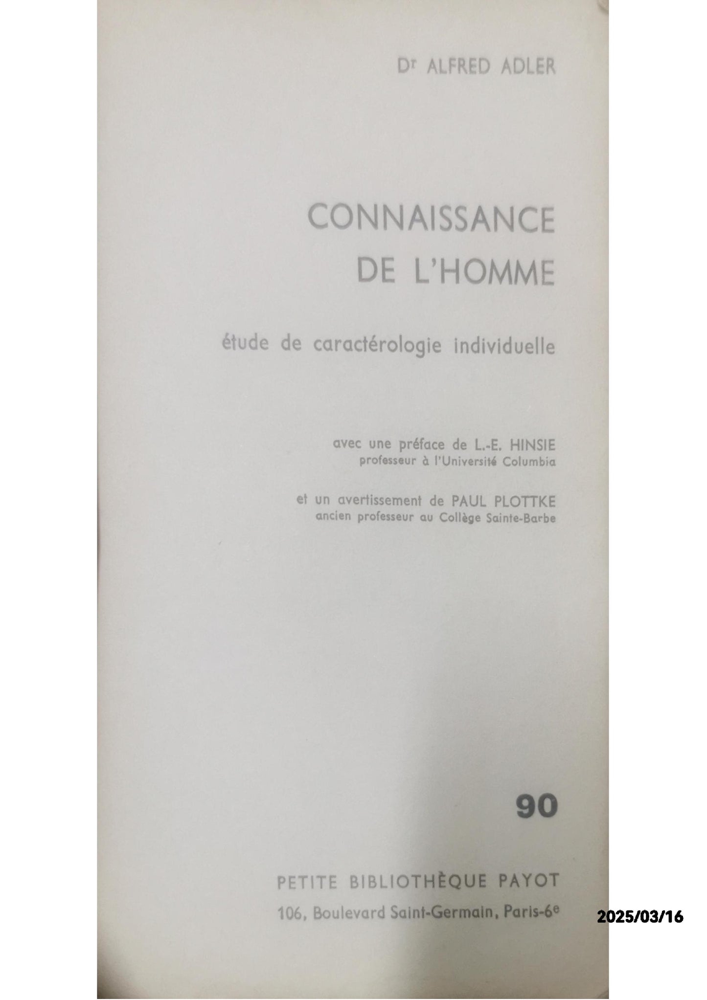 CONNAISSANCE DE L'HOMME - Dr ALFRED ADLER